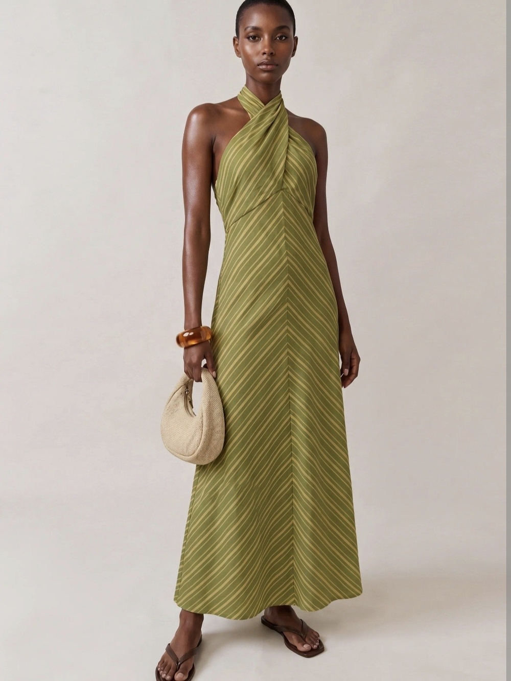 O.P.T. Cross-Neck Maxi Dress in Olive Green Stripe
